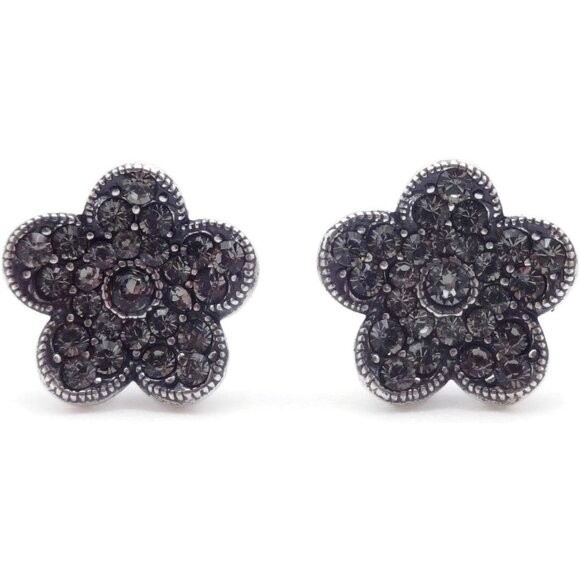 Catherine Popesco Dark Grey Crystal Flower Silver Plated Post Earrings NEW - Picture 2 of 3